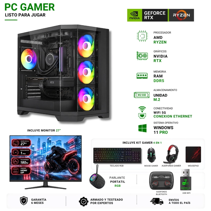 PC GAMER AMD RYZEN 7 7800X3D - 32GB - RTX 5070 - 2TB - (MONITOR 27' - PARLANTE - AUDIFONOS) S530B - 1