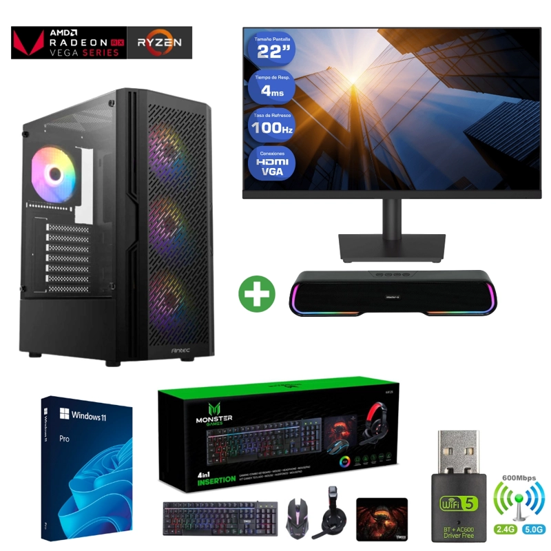 PC GAMER AMD RYZEN 5 3400G - 16GB RAM - VEGA 11 - 1TB - ( MONITOR 22' + PARLANTE ) - AX20