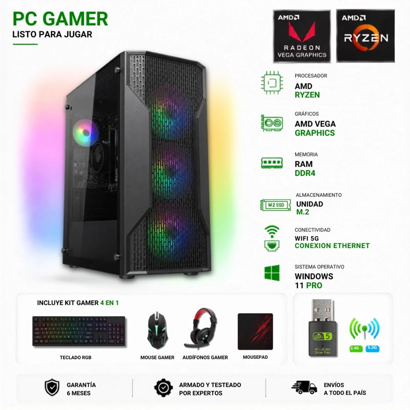PC GAMER AMD RYZEN 7 5700G - 16GB RAM - VEGA 8 - 480GB - WIFI - MX110 - 1
