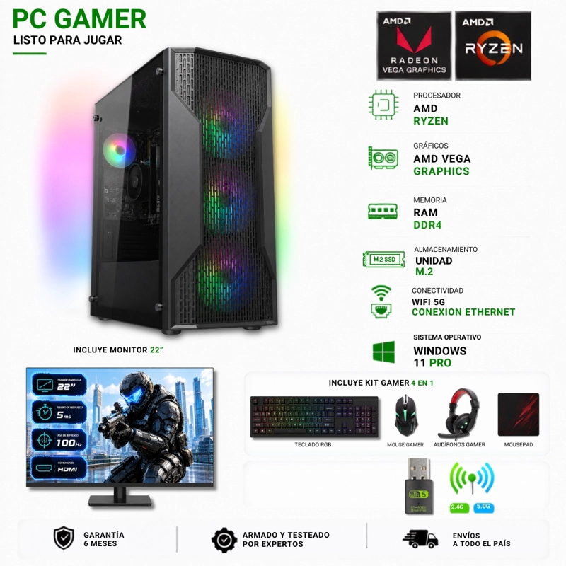 PC GAMER AMD RYZEN 7 5700G - 16GB RAM - VEGA 8 - 1TB - ( MONITOR 22' ) MX110 - 1