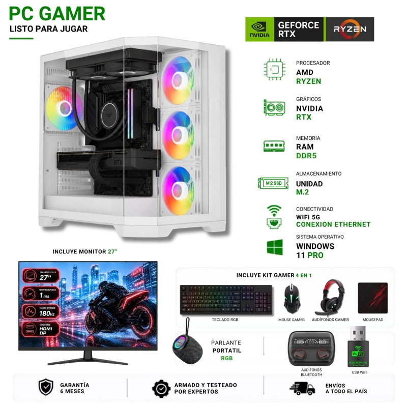 PC GAMER AMD RYZEN 7 7800X3D - 32GB - RTX 5070 - 2TB - (MONITOR 27' - PARLTE - AUDIFONOS) S530-W - 1