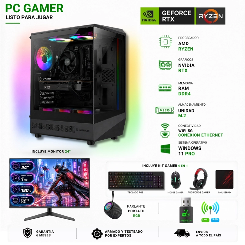 PC GAMER AMD RYZEN 7 5700X - 32GB - RTX 5060TI - 2TB ( PARLANTE + MONITOR 24' )COC-B - 1