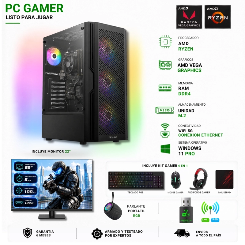 PC GAMER AMD RYZEN 7 5700G - 16GB RAM - VEGA 8 - 1TB - (MONITOR 22' + PARLANTE) - AX20 - 1
