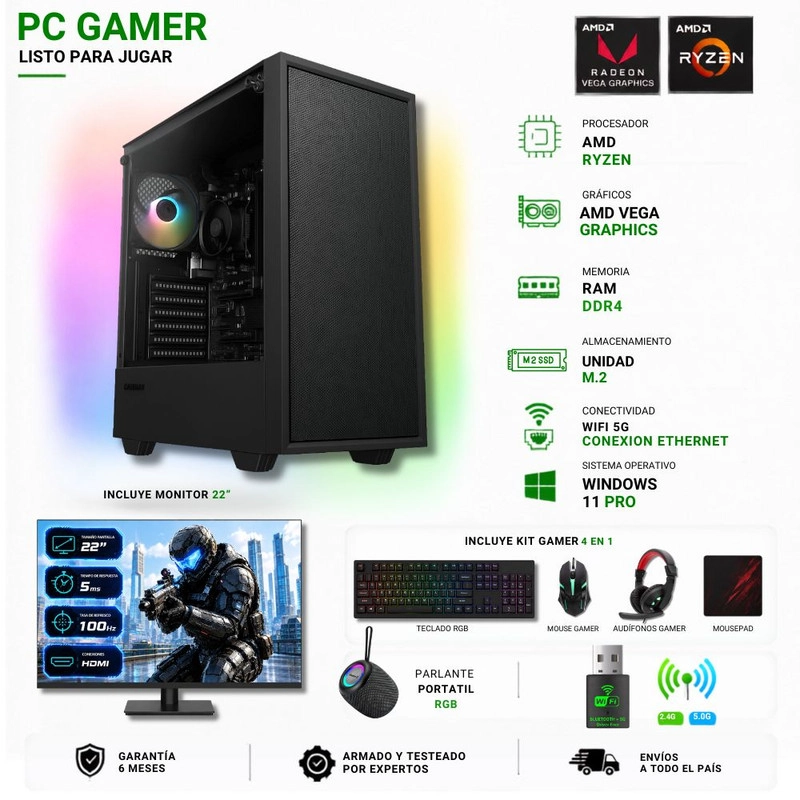 PC GAMER AMD RYZEN 3 3200G + 16GB + VEGA 8 + 480GB + MONITOR 22″ + PARLANTE RGB + STORM - 1