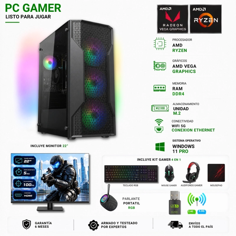 PC GAMER AMD RYZEN 3 3200G + 16GB + VEGA 8 + 480GB + MONITOR 22″ + PARLANTE RGB + MX110 - 1
