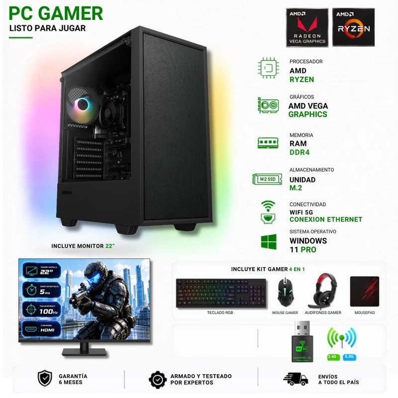 PC GAMER AMD RYZEN 3 3200G + 16GB + VEGA 8 + 1TB + MONITOR 22″ + STORM - 1