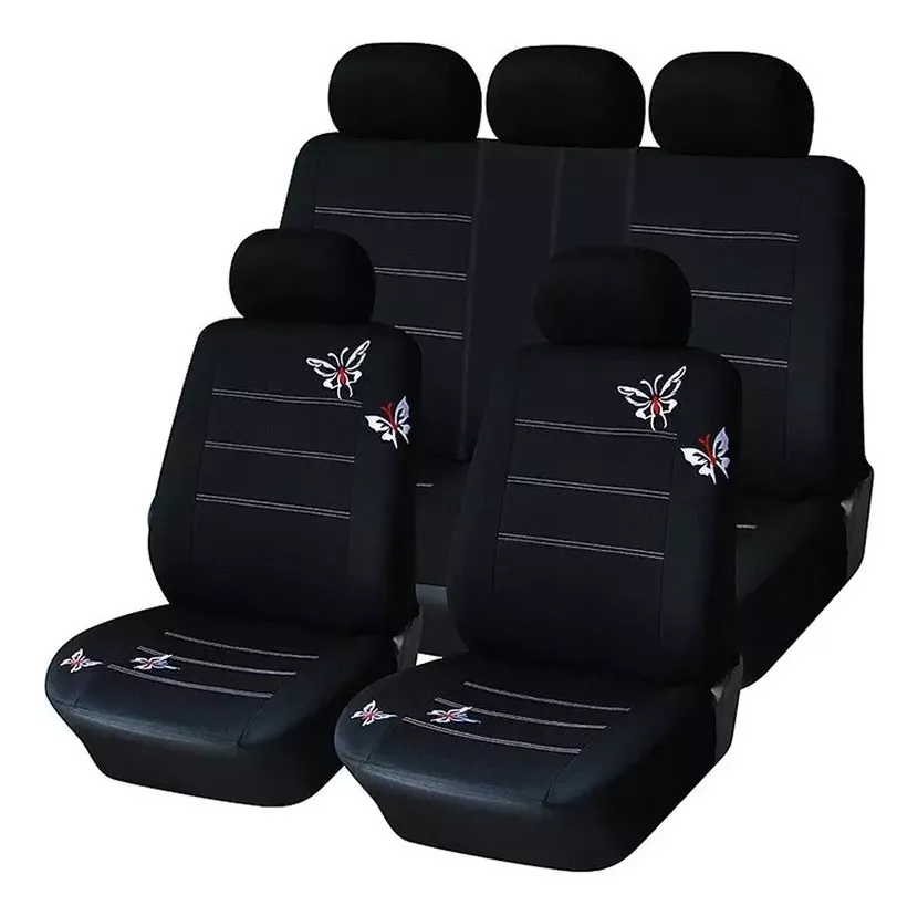 FUNDA CUBRE ASIENTO AUTO PARA MUJER 9PIEZA NEGRO MARIPOSAS - 1