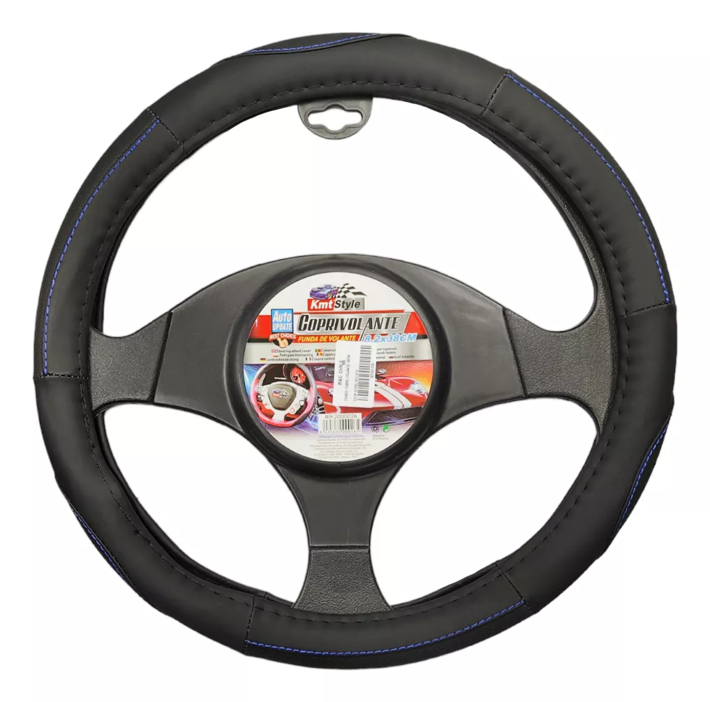 FUNDA CUBRE VOLANTE 38CM NEGRO HILO AZUL AUTO 026 - 2