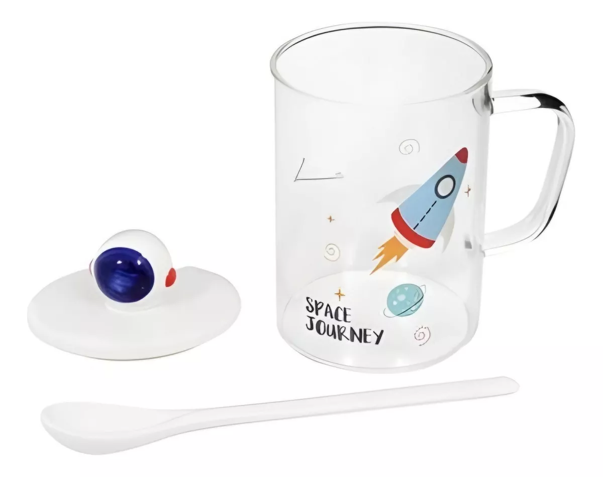 TAZA DE VIDRIO DE ASTRONAUTA CON TAPA Y CUCHARA CERÁMICA R&C - 1