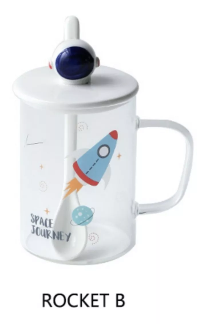 TAZA DE VIDRIO DE ASTRONAUTA CON TAPA Y CUCHARA CERÁMICA R&C - 2