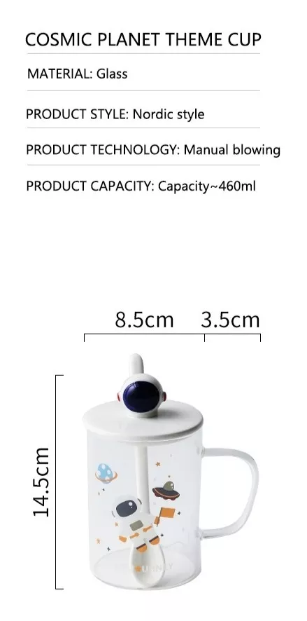 TAZA DE VIDRIO DE ASTRONAUTA CON TAPA Y CUCHARA CERÁMICA R&C - 5