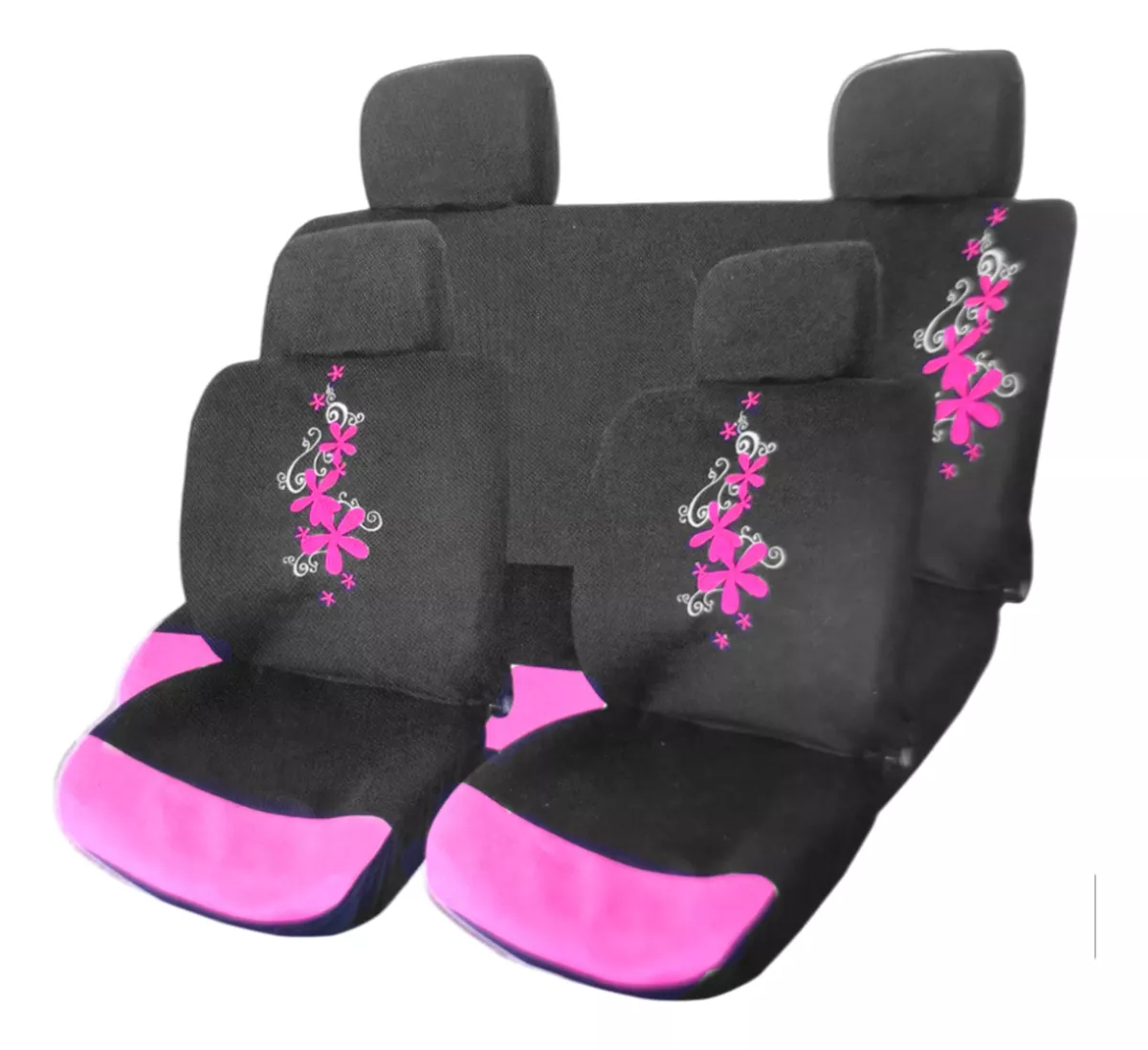 FUNDA CUBRE ASIENTO NEGRO FLORES BORDADA 8PCS AUTO UNIVERSAL - 1