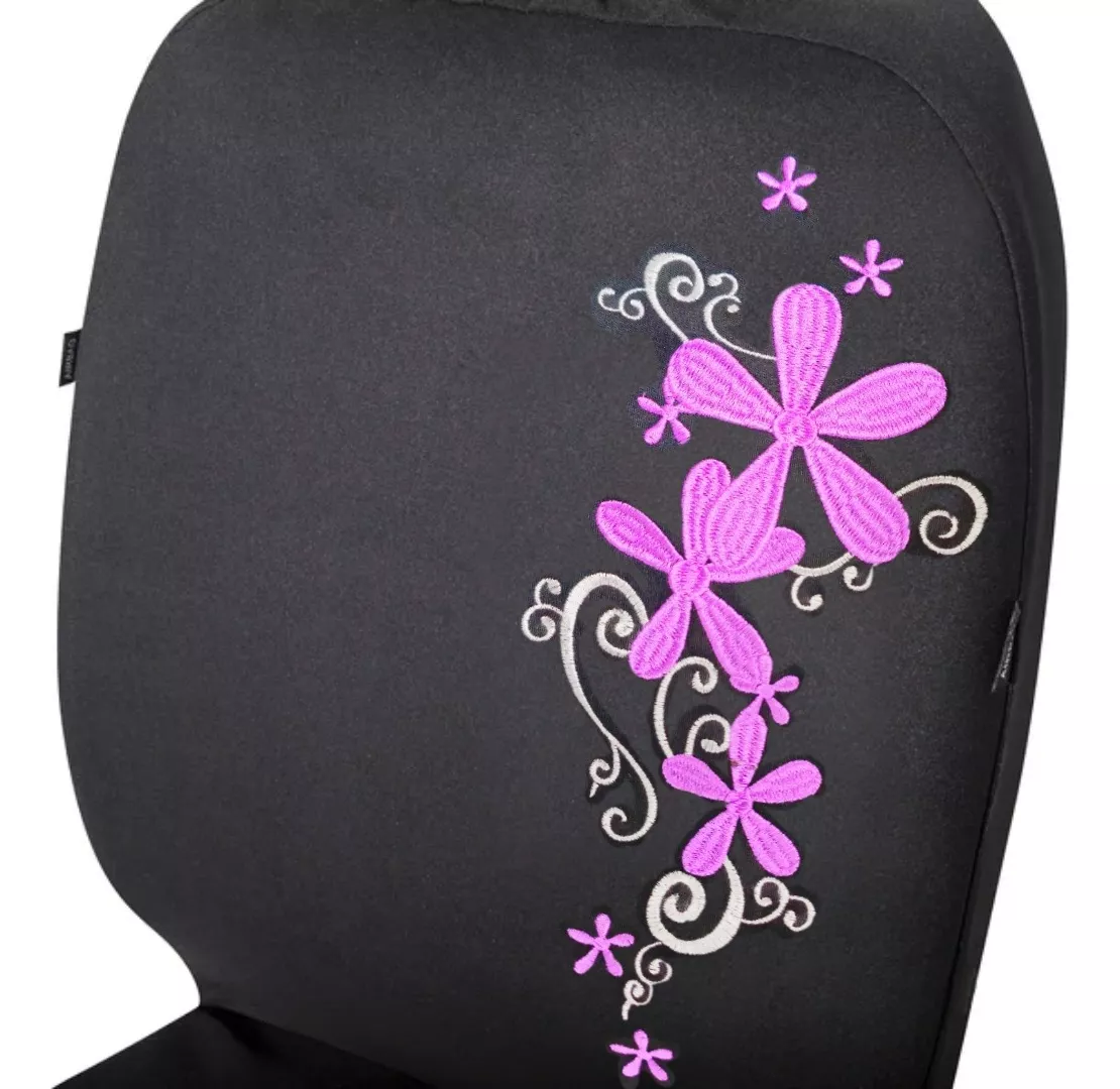 FUNDA CUBRE ASIENTO NEGRO FLORES BORDADA 8PCS AUTO UNIVERSAL - 2