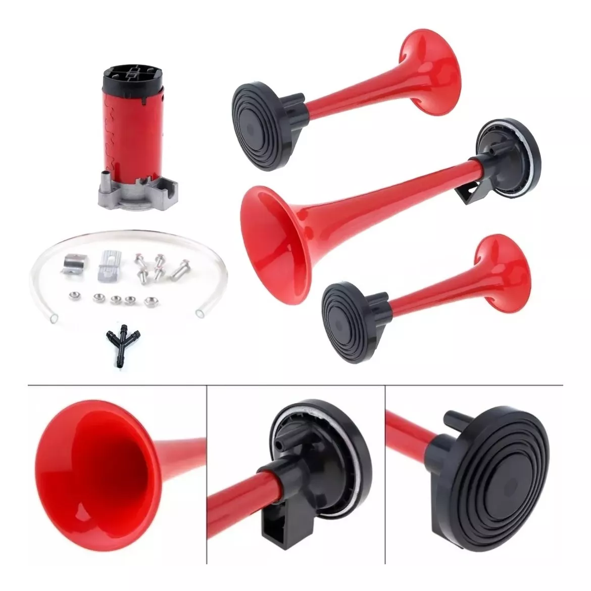 BOCINA ELÉCTRICA TRES TROMPETAS AIRE + COMPRESOR AUTO 12V - 1