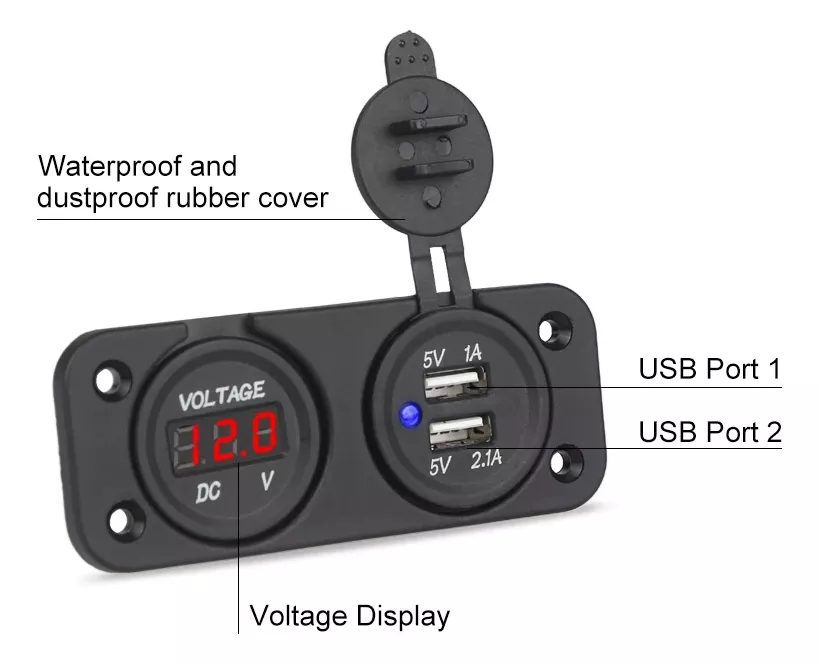 PANEL DOBLE ADAPTADOR 2USB + VOLTÍMETRO 12-24V AUTO CAMIÓN - 2