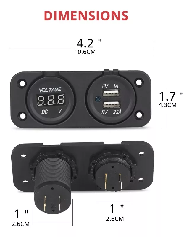 PANEL DOBLE ADAPTADOR 2USB + VOLTÍMETRO 12-24V AUTO CAMIÓN - 5