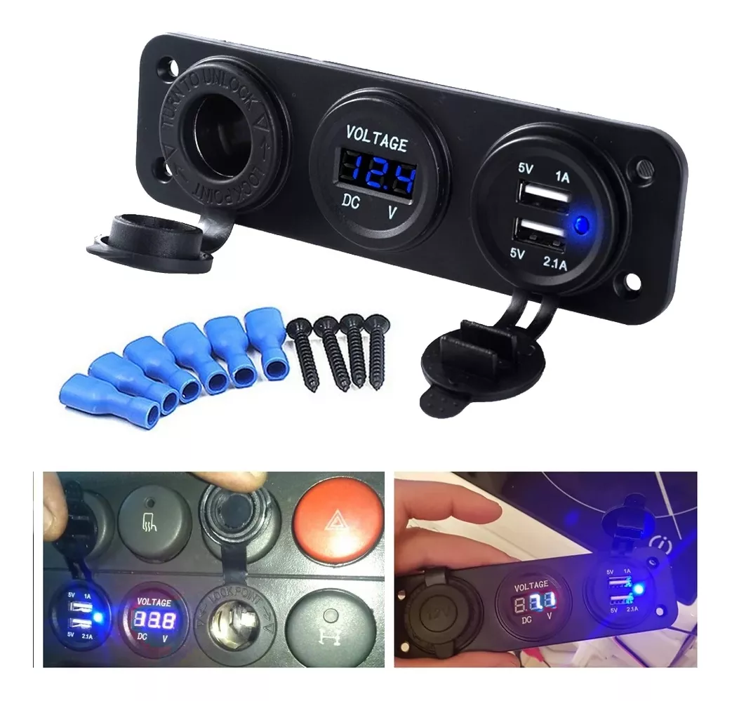 PANEL TRIPLE ADAPTADOR 2USB + VOLTÍMETRO + CENICERO 12-24V - 5