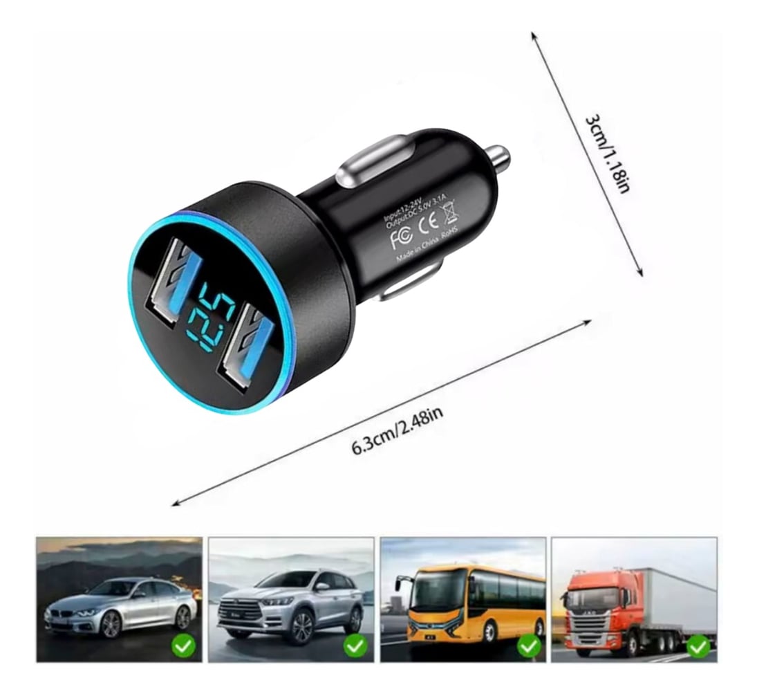 CARGADOR AUTO DOBLE USB 3.1A CON VOLTÍMETRO 12-24V ADAPTADOR SURTIDO CC321 - 2