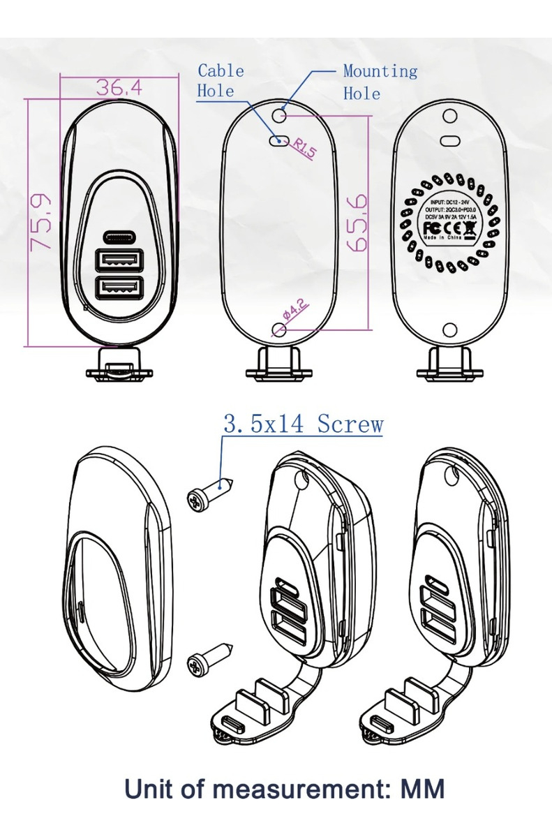 CARGADOR CARGA RÁPIDA 2 USB 1 TYPE C 12-24V SOBREPUESTO - 2