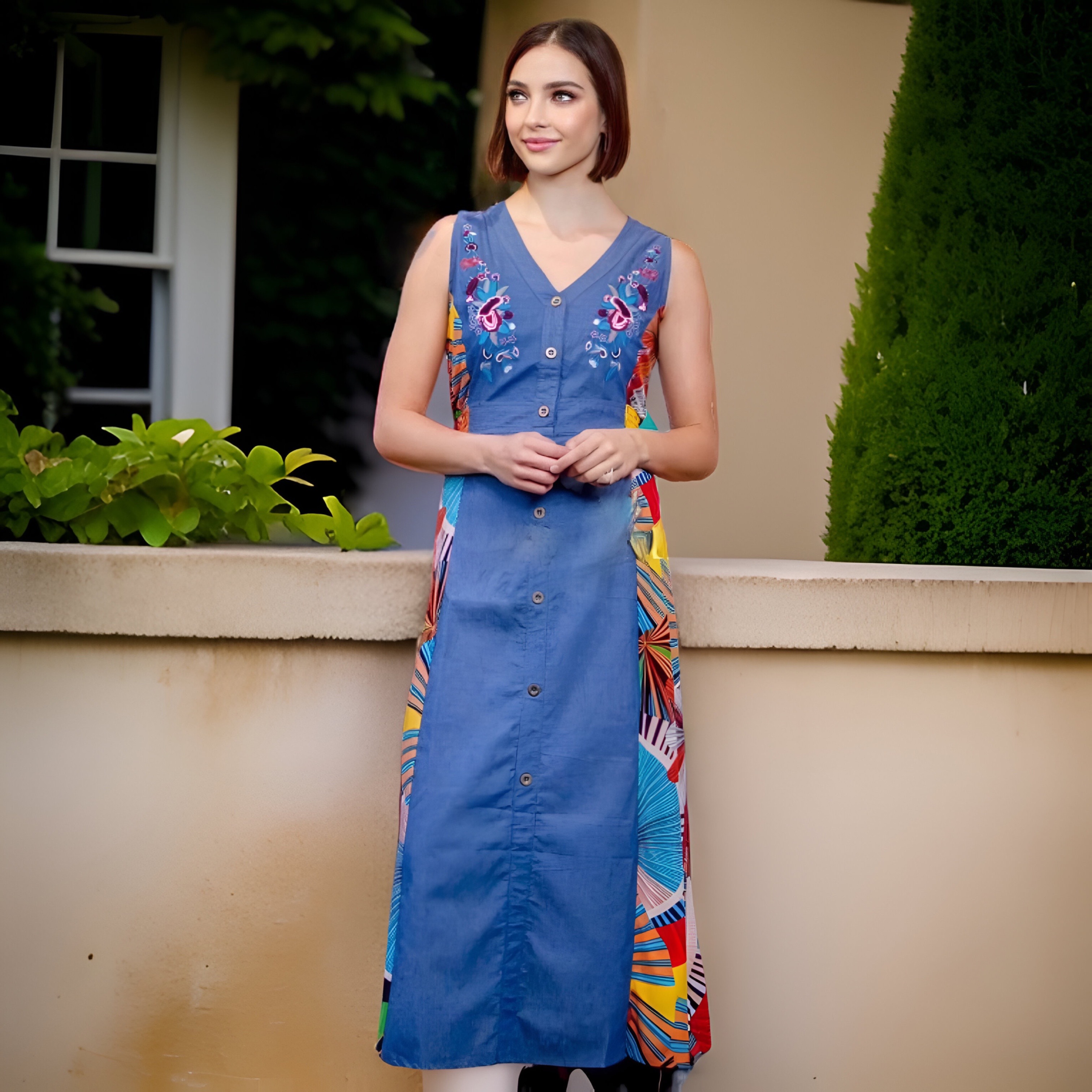 Maxi Vestido Dalesio en Naranja Hibiscus Acuarela