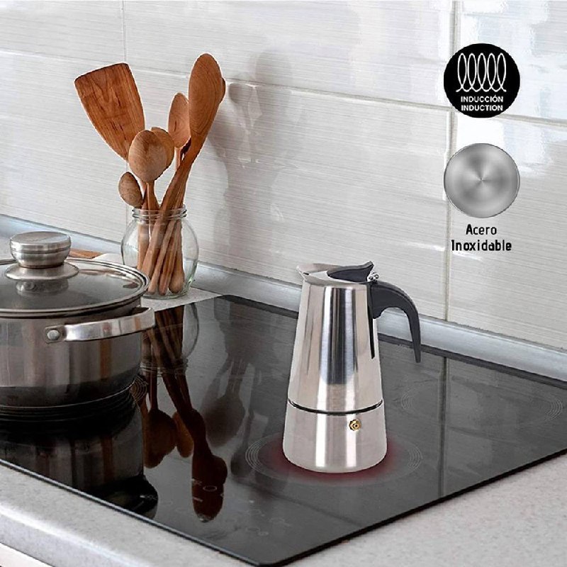 CAFETERA ITALIANA INOXIDABLE 4 TAZAS COCINA TETERA GRIS - 2