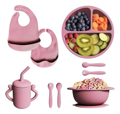 KIT DE ALIMENTACION FOR BEBE S DE SILICONA PLATOS BABEROS CORAL CLARO - 1
