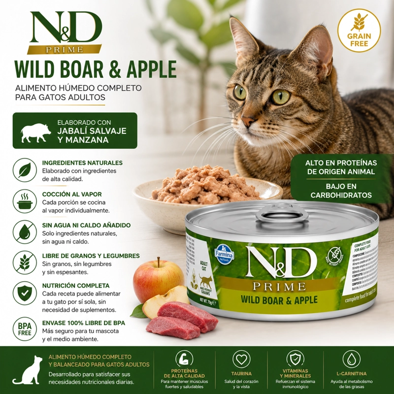 N&D PRIME WILD BOAR & APPLE ALIMENTO HUMEDO PARA GATOS ADULTOS LATA 70 G - 2