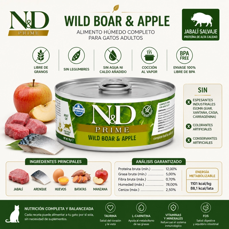 N&D PRIME WILD BOAR & APPLE ALIMENTO HUMEDO PARA GATOS ADULTOS LATA 70 G - 3