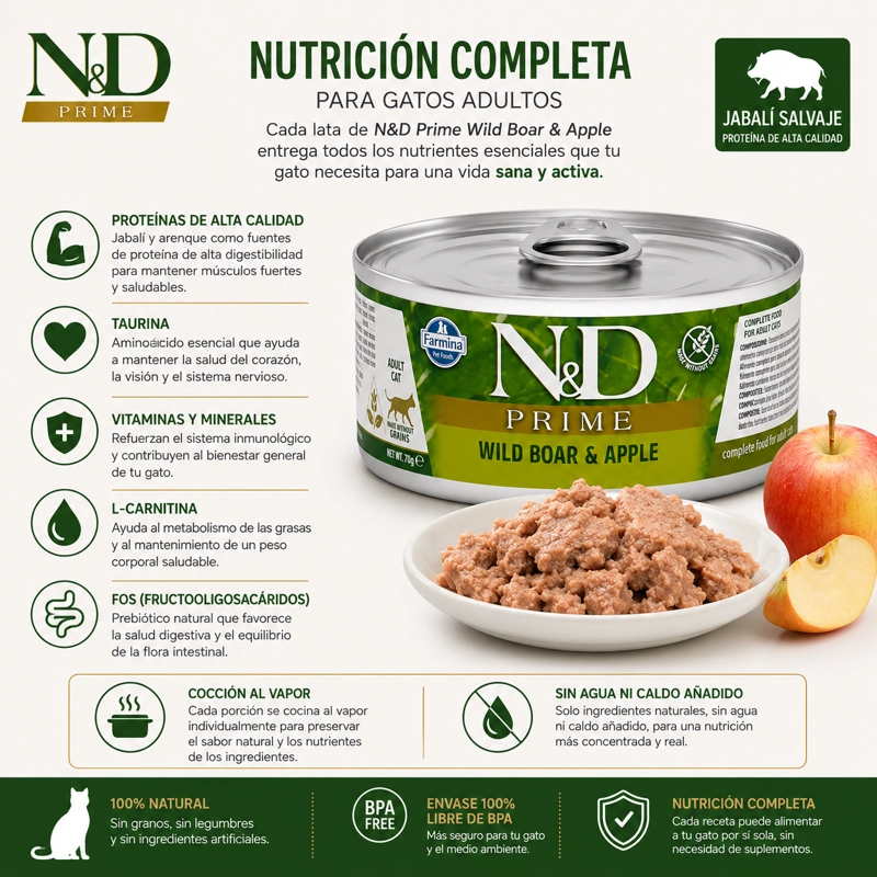 N&D PRIME WILD BOAR & APPLE ALIMENTO HUMEDO PARA GATOS ADULTOS LATA 70 G - 4
