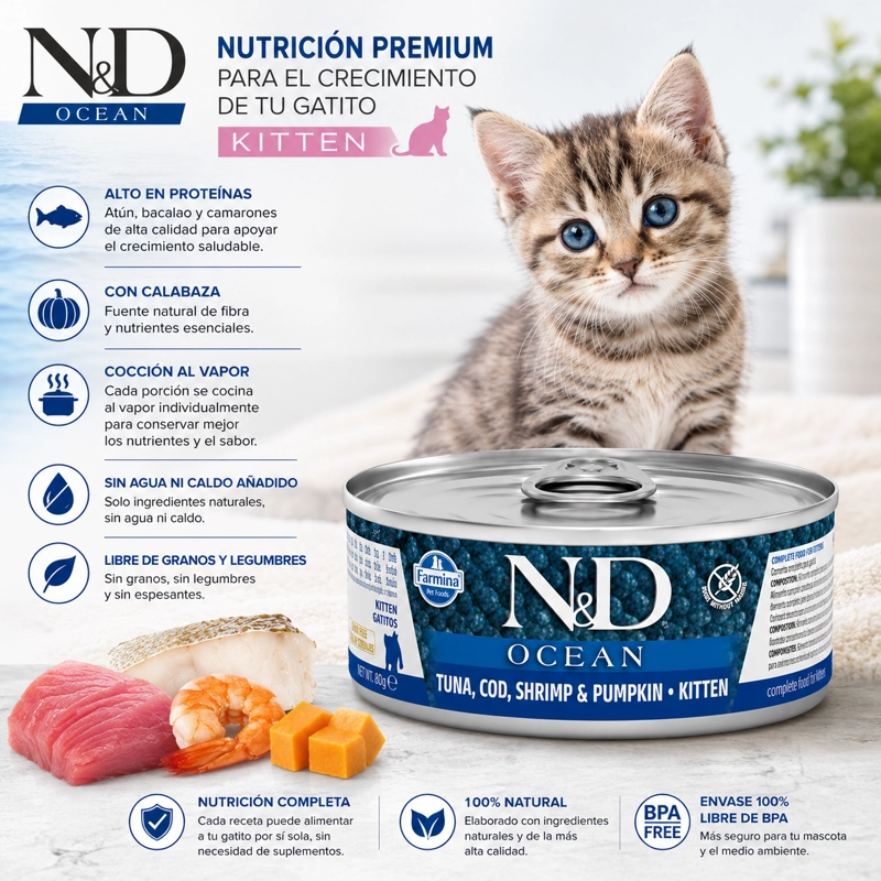 N&D OCEAN KITTEN TUNA COD SHRIMP & PUMPKIN ALIMENTO HUMEDO PARA GATITOS 80 G - 2