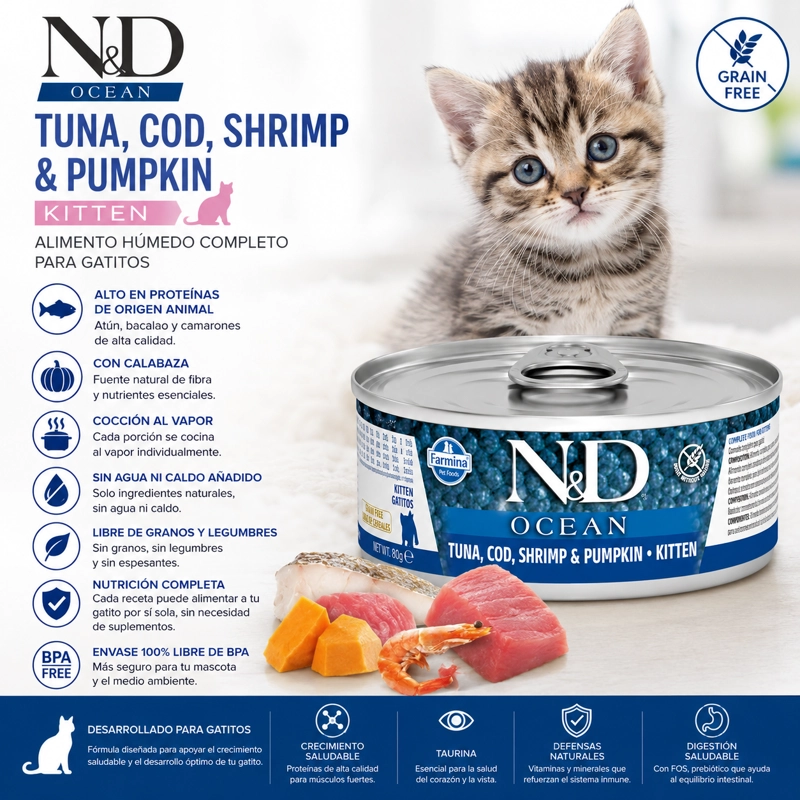 N&D OCEAN KITTEN TUNA COD SHRIMP & PUMPKIN ALIMENTO HUMEDO PARA GATITOS 80 G - 3