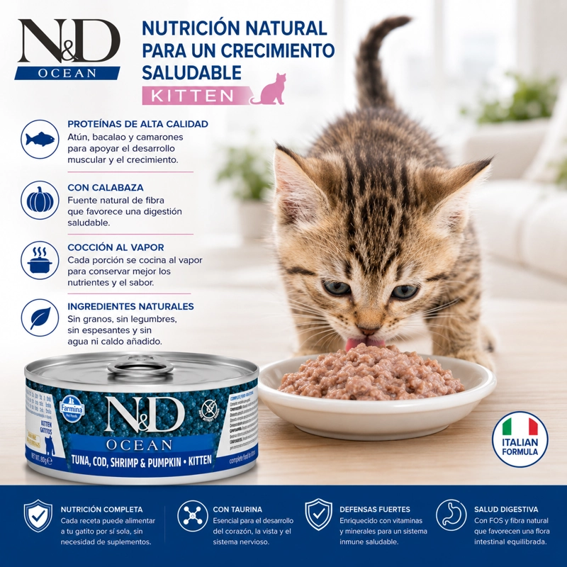 N&D OCEAN KITTEN TUNA COD SHRIMP & PUMPKIN ALIMENTO HUMEDO PARA GATITOS 80 G - 4