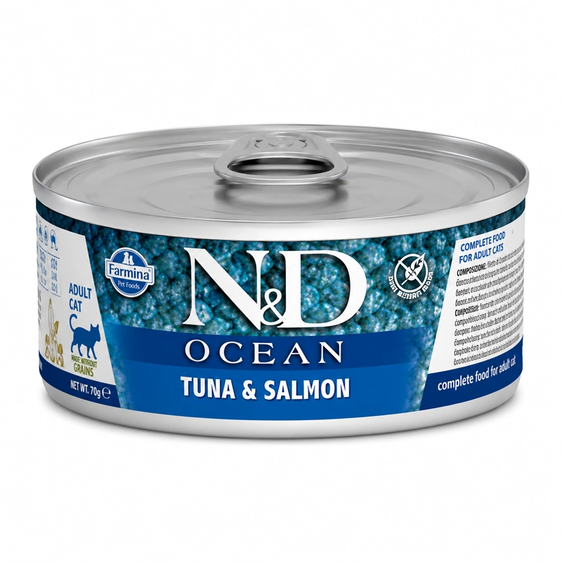 N&D OCEAN FELINE TUNA & SALMON ALIMENTO HUMEDO PARA GATOS ADULTOS LATA 70 G - 1