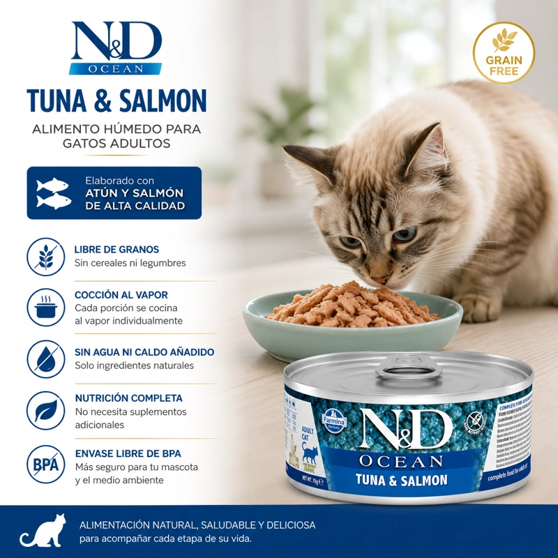 N&D OCEAN FELINE TUNA & SALMON ALIMENTO HUMEDO PARA GATOS ADULTOS LATA 70 G - 2
