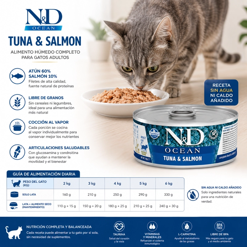 N&D OCEAN FELINE TUNA & SALMON ALIMENTO HUMEDO PARA GATOS ADULTOS LATA 70 G - 3