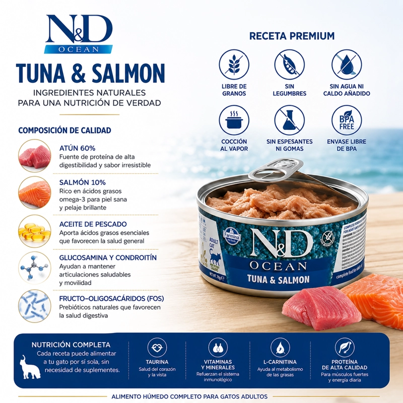 N&D OCEAN FELINE TUNA & SALMON ALIMENTO HUMEDO PARA GATOS ADULTOS LATA 70 G - 4