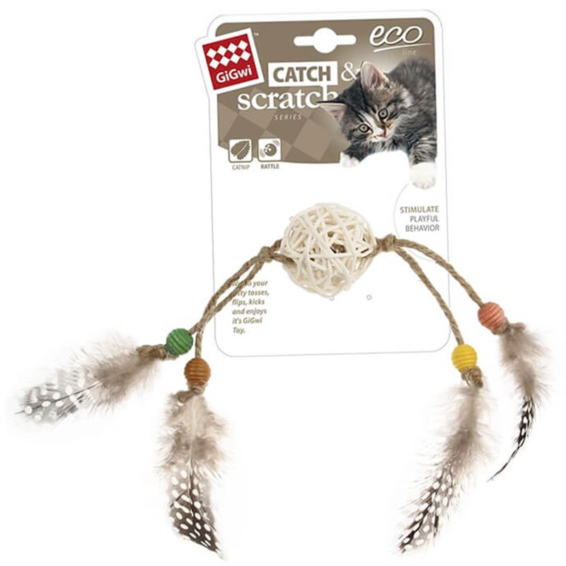 JUGUETE GATOS GIGWI ECO CATCH SCRATCH RATTAN Y PLUMAS CAFÉ - 1