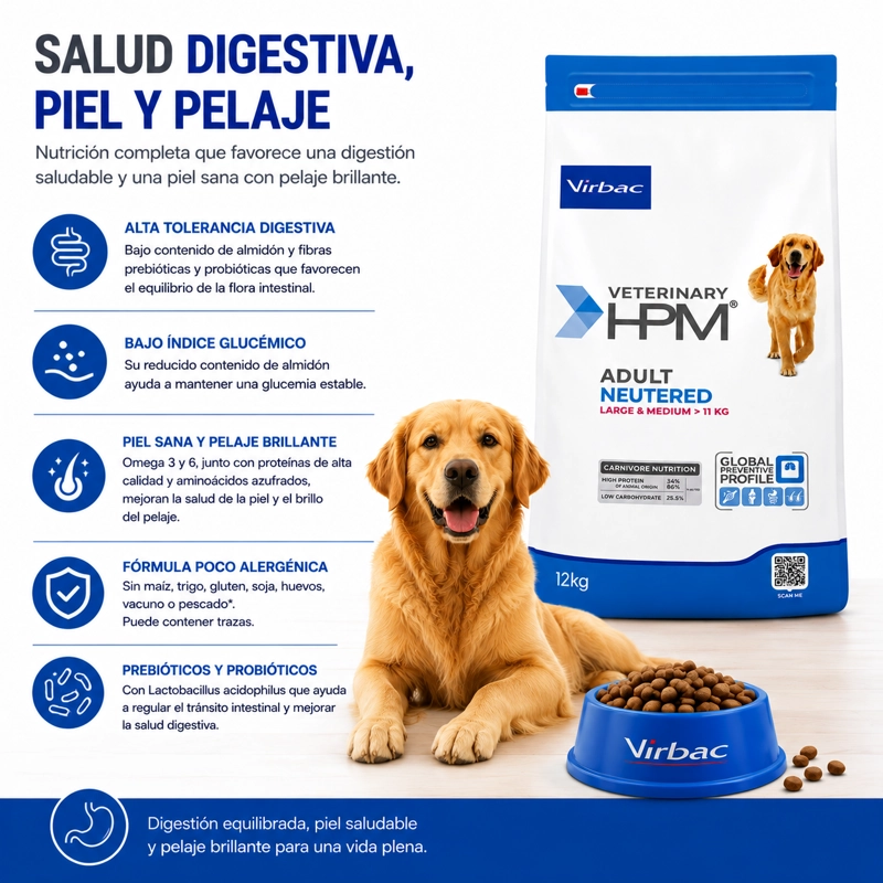 ALIMENTO SECO PERROS ADULTO VIRBAC RAZA MEDIANA GRANDE 12 KG HPM DOG NEUTERED - 4