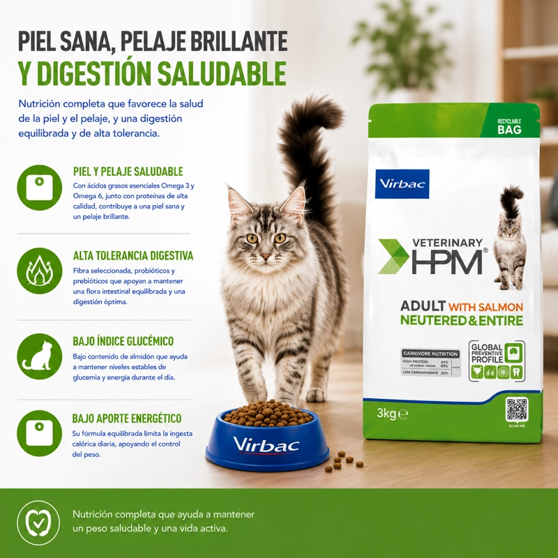 ALIMENTO SECO GATOS ADULTO VIRBAC SABOR SALMÓN 3 KG HPM NEUTERED ENTIRE CAT WITH - 2