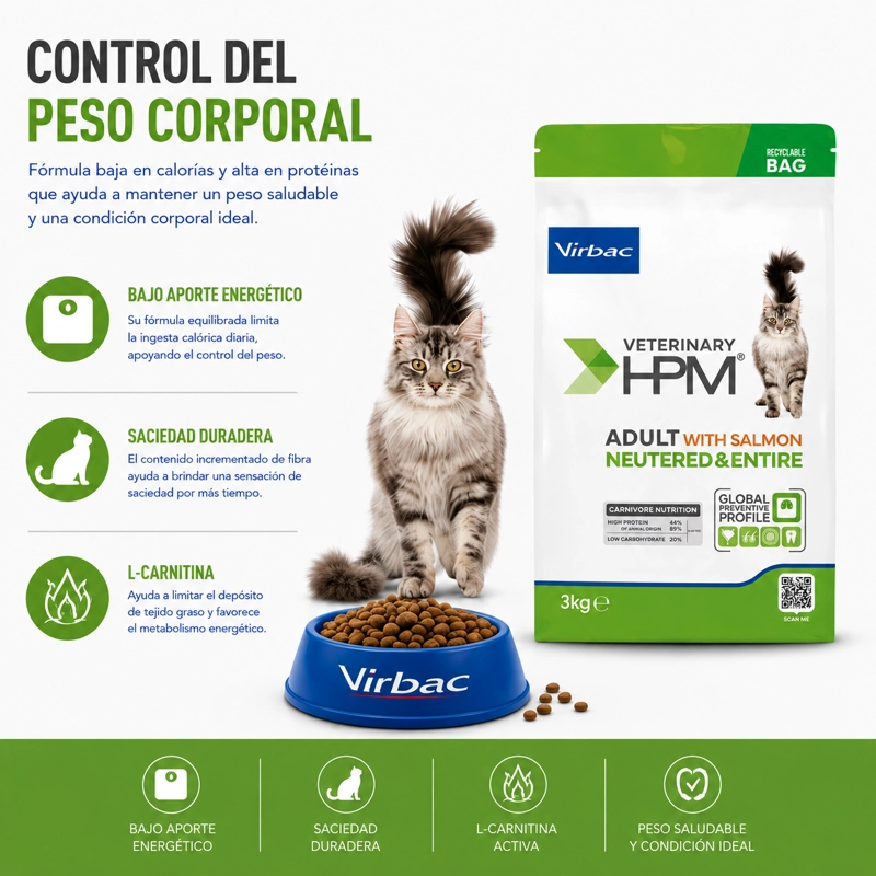 ALIMENTO SECO GATOS ADULTO VIRBAC SABOR SALMÓN 3 KG HPM NEUTERED ENTIRE CAT WITH - 4