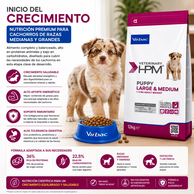 ALIMENTO SECO PERROS VIRBAC RAZA MEDIANA GRANDE 12 KG HPM DOG BABY - 2