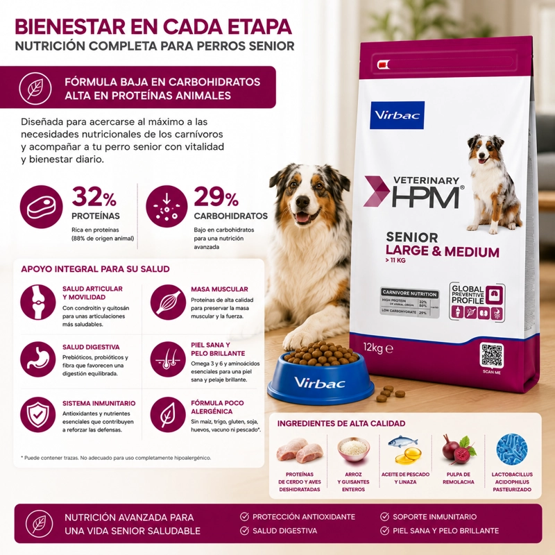 ALIMENTO SECO PERROS SENIOR VIRBAC RAZA MEDIANA GRANDE 12 KG HPM DOG - 4