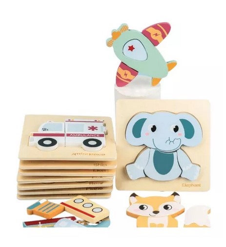 JUEGO DIDÁCTICO MADERA JUGUETÓN MULTICOLOR PUZZLES ANIMALES O TRANSPORTE MONTESSORI - 3