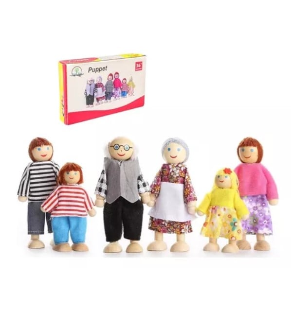SET JUGUETÓN 6 MUÑECOS FAMILIA MADERA Y TELA - 1