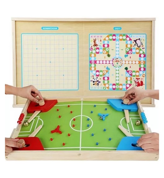 JUEGO MESA JUGUETÓN MADERA 3 EN 1 FÚTBOL LUDO DAMAS - 1