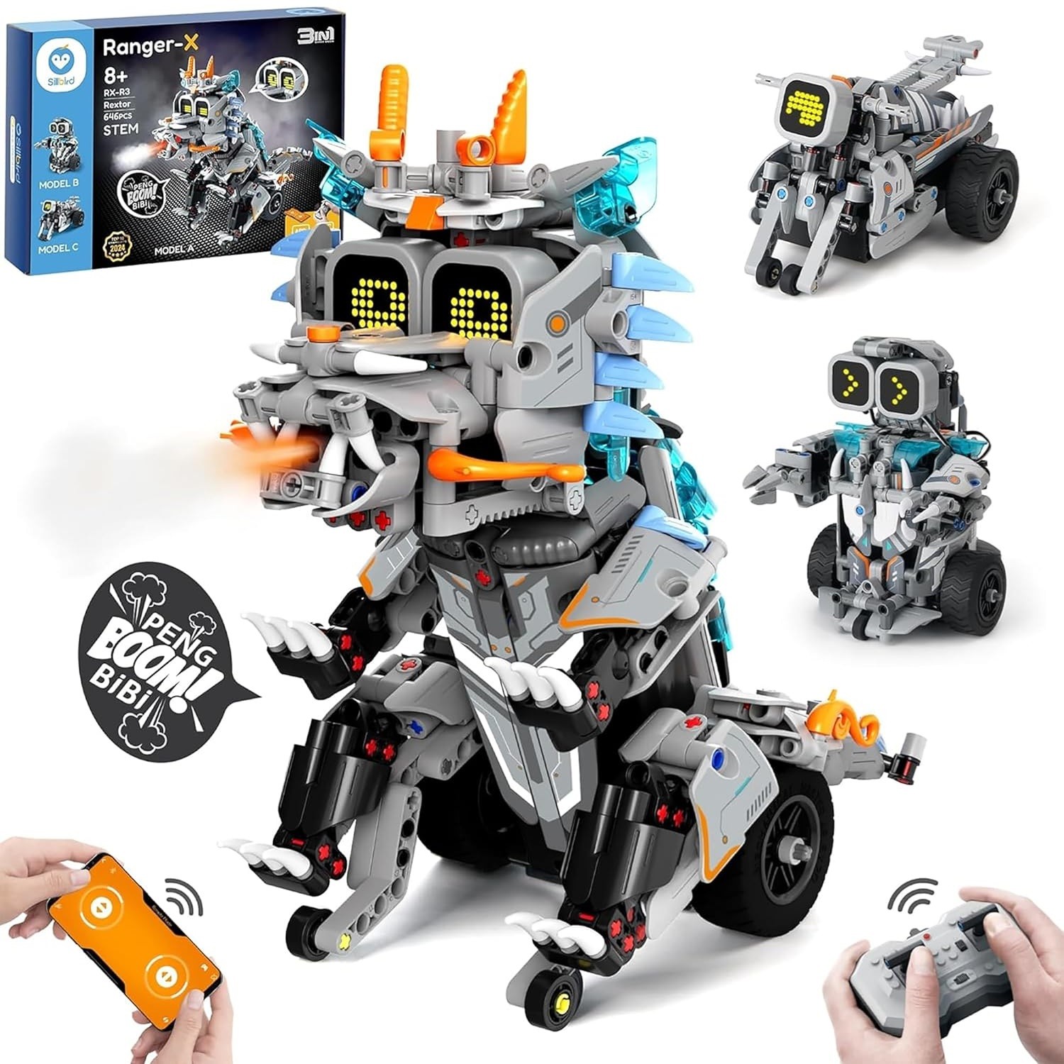BLOQUES CONSTRUCCIÓN JUGUETÓN 3 EN 1 DINOBOT REX MOTOBOT Y ROBOT CONTROL REMOTO PROGRAMABLE - 1
