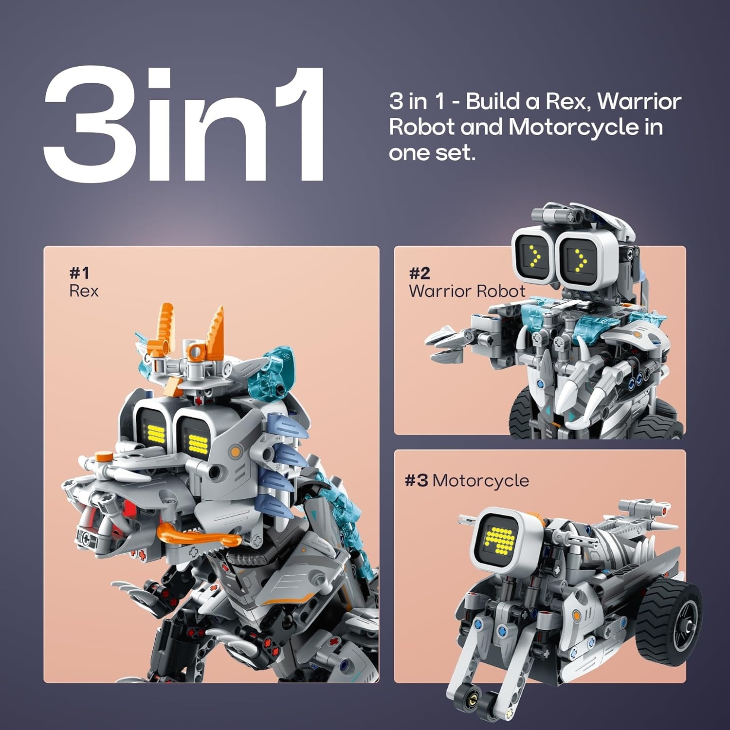 BLOQUES CONSTRUCCIÓN JUGUETÓN 3 EN 1 DINOBOT REX MOTOBOT Y ROBOT CONTROL REMOTO PROGRAMABLE - 2