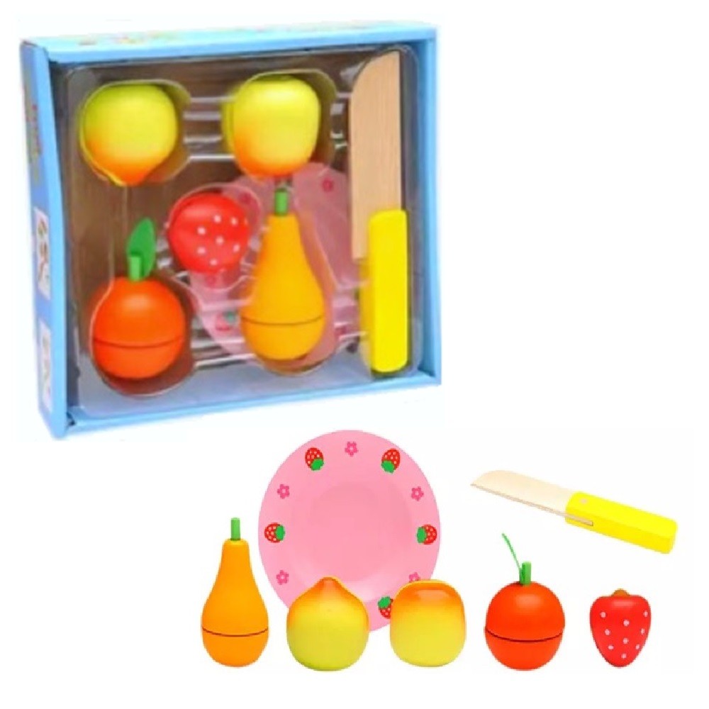 FRUTAS MADERA CORTAR CON CUCHILLO Y PLATO - 1