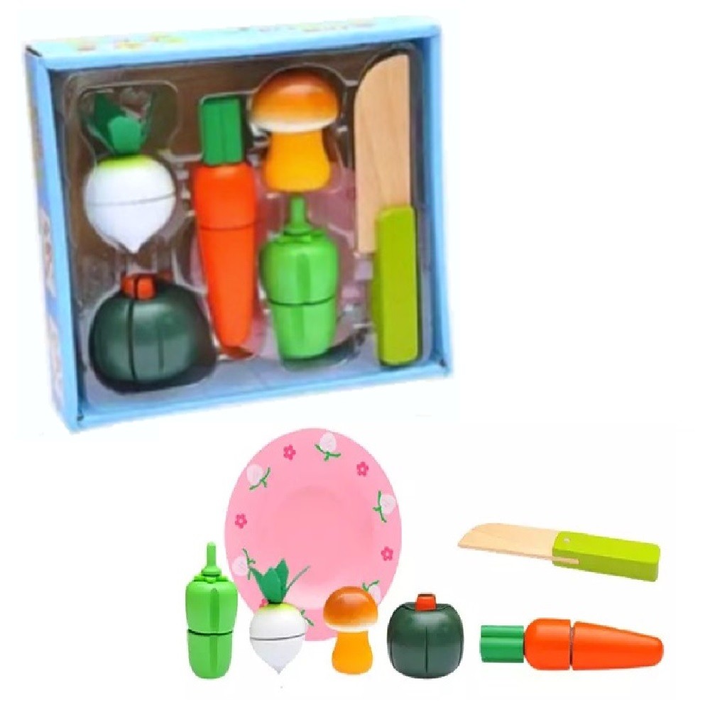 VEGETALES MADERA CORTAR CON CUCHILLO Y PLATO - 1