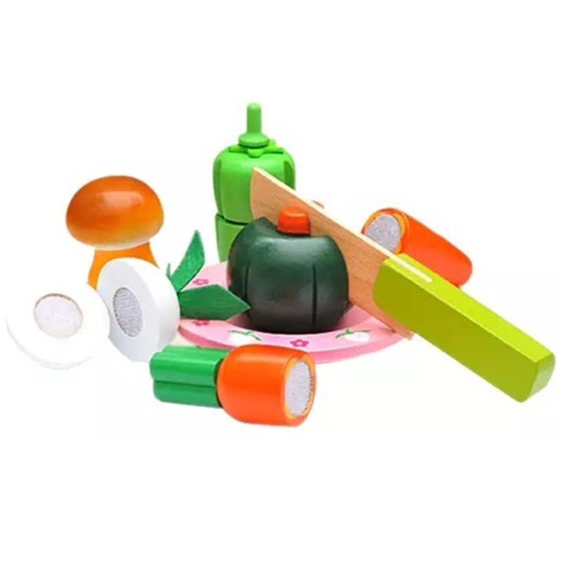 VEGETALES MADERA CORTAR CON CUCHILLO Y PLATO - 3